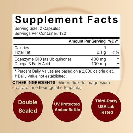 Suplemento CoQ10 400mg NatureBell, Omega 3, 240 Cápsulas