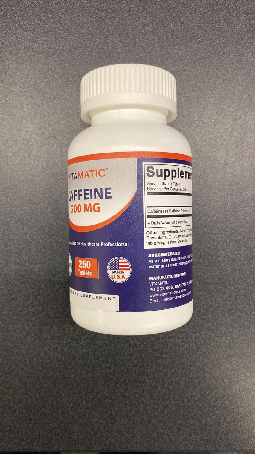 Píldoras de Cafeína Vitamatic 200mg, 250 Tabletas Vegetarianas