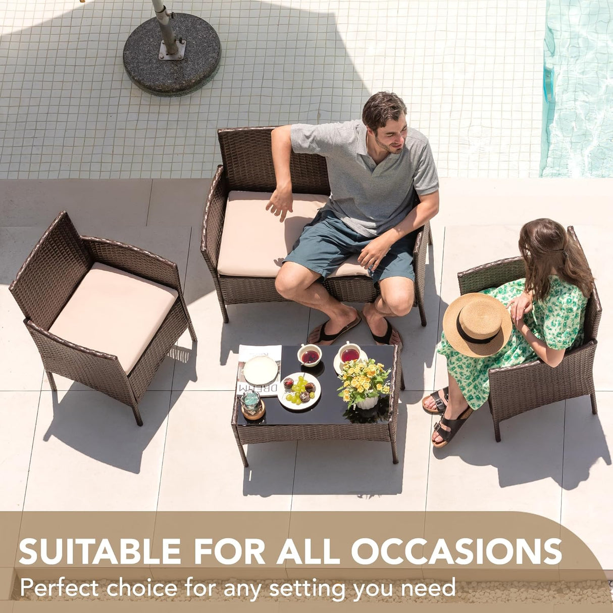 Devoko - Juego de 4 muebles de patio para porche (mimbre, mimbre, polietileno), color beige