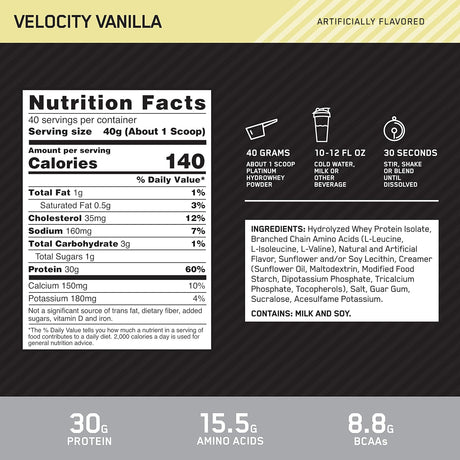 Suplemento Hydro Whey Vainilla Optimum Nutrition Platinum