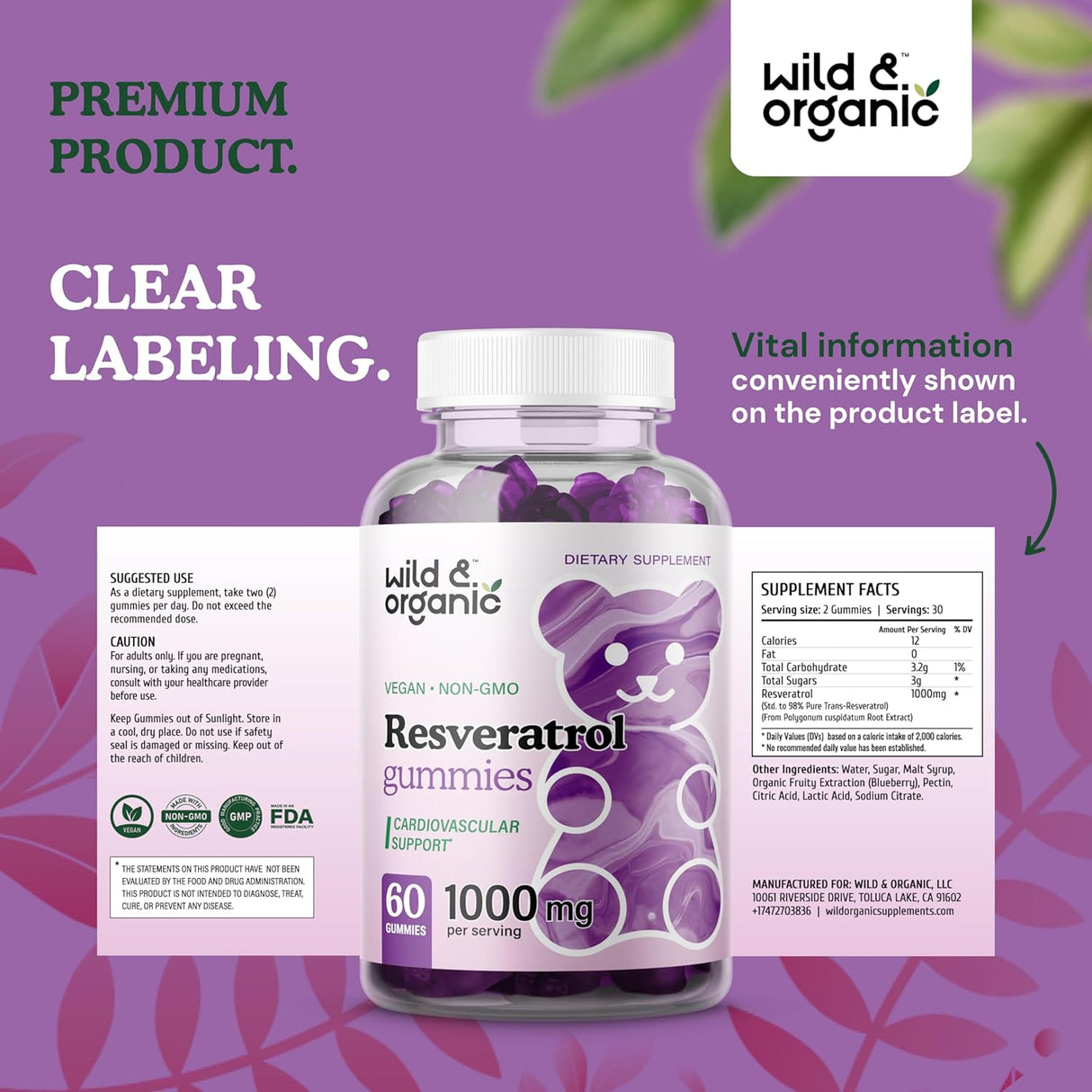 Suplemento Wild &  Organic Gomitas de resveratrol 1000 mg 60