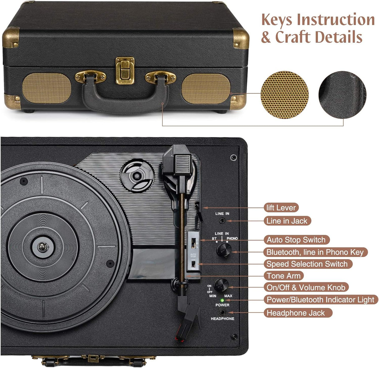 Reproductor de Vinilo Bluetooth Portátil con Altavoces Integrados