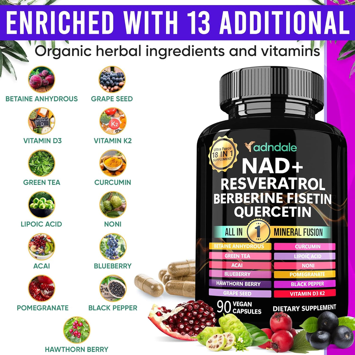 Suplemento NAD 300mg y Resveratrol 1000mg, Fórmula Orgánica