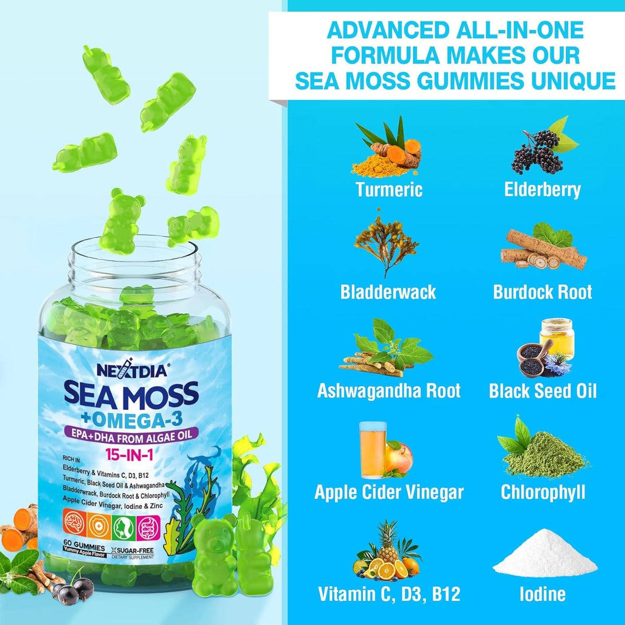 Gominolas de Sea Moss + Omega-3 Vegan USA Orgánico 120 Cts