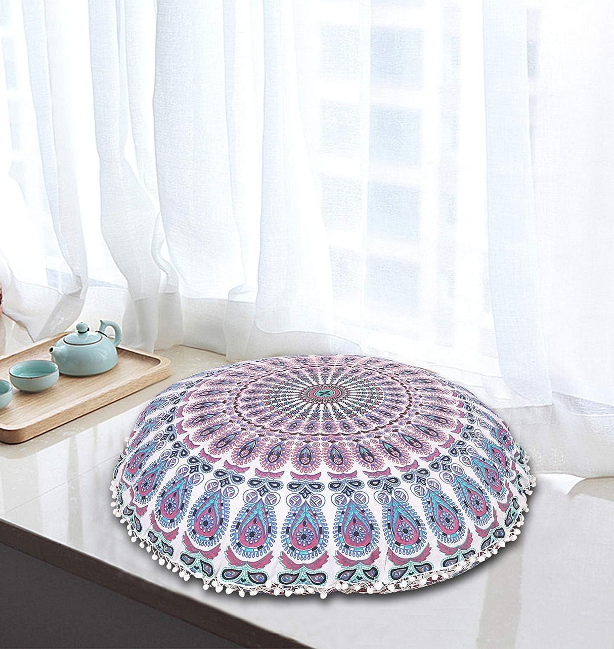 Funda bohemia para cojín, de 32 pulgadas, con diseño de mandala, para meditación, decorativa, otomana, grande, para exteriores, decoración del hogar, decoración de arte en el hogar, redonda, con pompones de algodón, cómoda