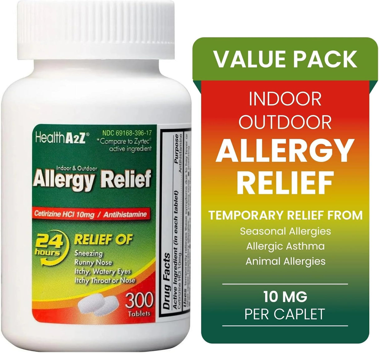 AlergiaA2Z® Cetirizina 10mg Alivio Todo el Día 300 Pzas