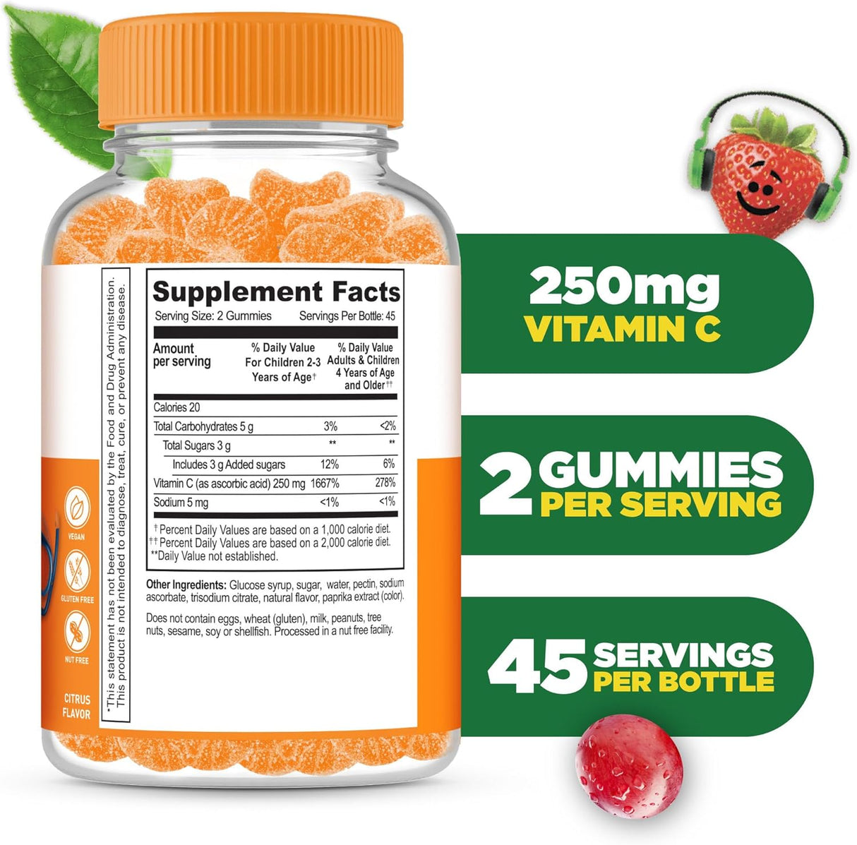 Vitamin C Gummies Kids | Lifeable | 250mg, Vegan, GMO-Free, Chewable | 90u