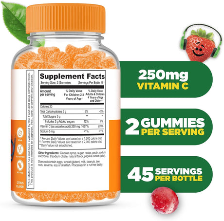 Vitamin C Gummies Kids | Lifeable | 250mg, Vegan, GMO-Free, Chewable | 90u