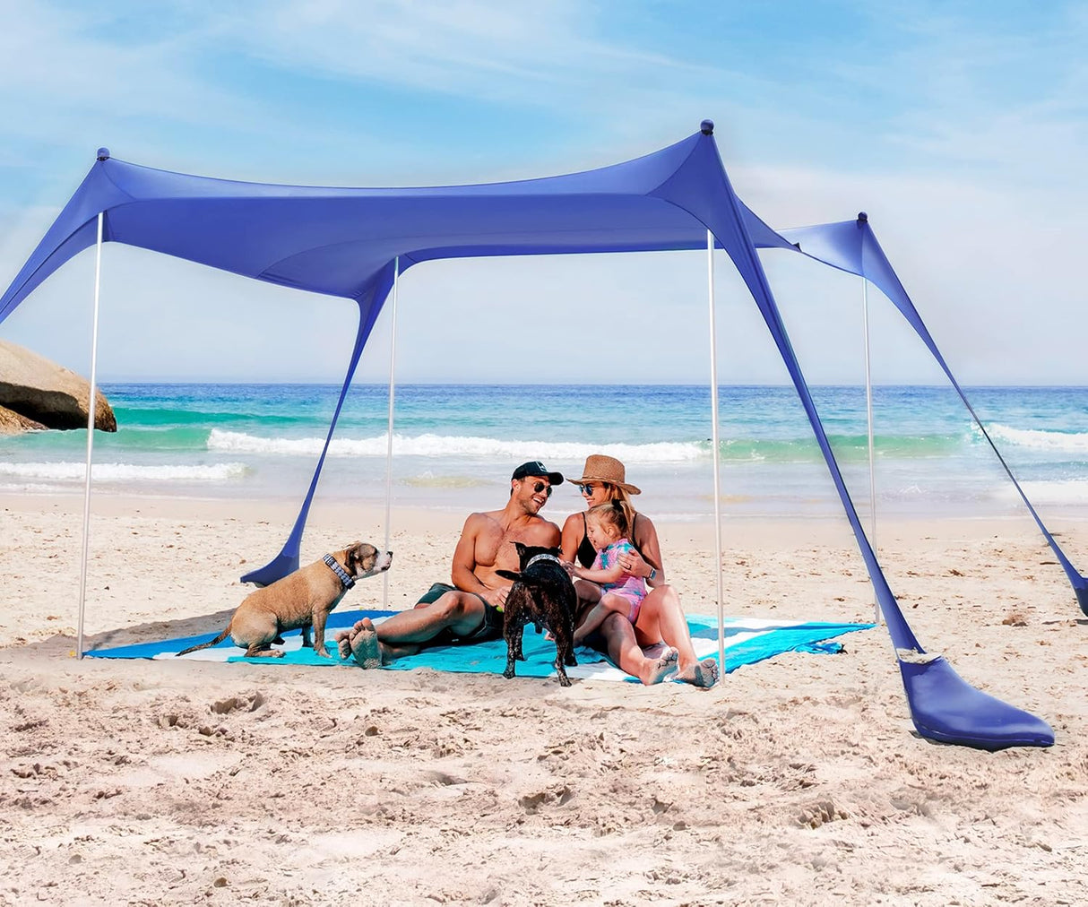 Tienda de playa pop-up con protección solar UPF50+ y accesorios
