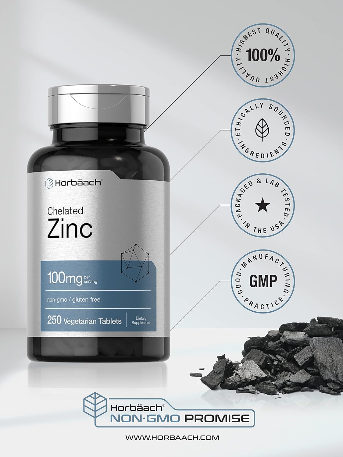 Suplemento de zinc quelado 100 mg  250 tab Alta potencia