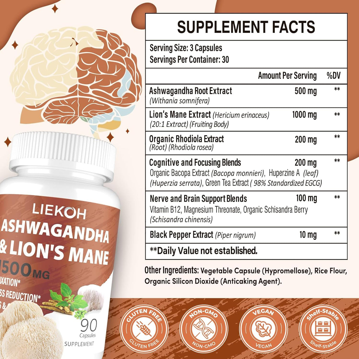 Cápsulas de Ashwagandha y Lion's Mane, Suplemento Cerebral, 90 Caps