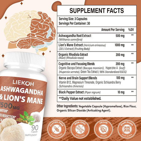 Cápsulas de Ashwagandha y Lion's Mane, Suplemento Cerebral, 90 Caps