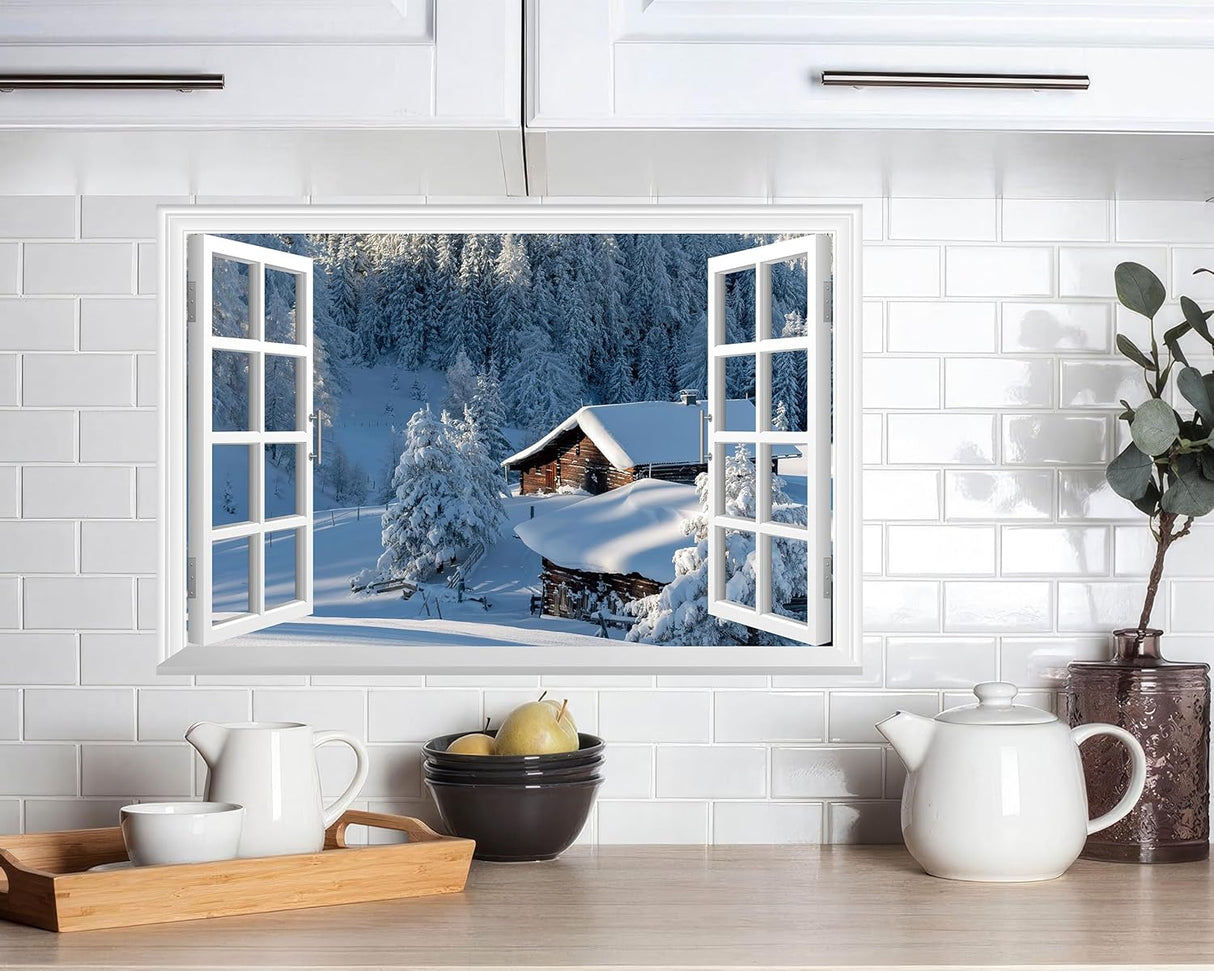 Adhesivo de pared falso para ventana, mural de pared de casa de invierno para decoración de pared, calcomanías de pared para pegar y despegar, 24 x 16 pulgadas
