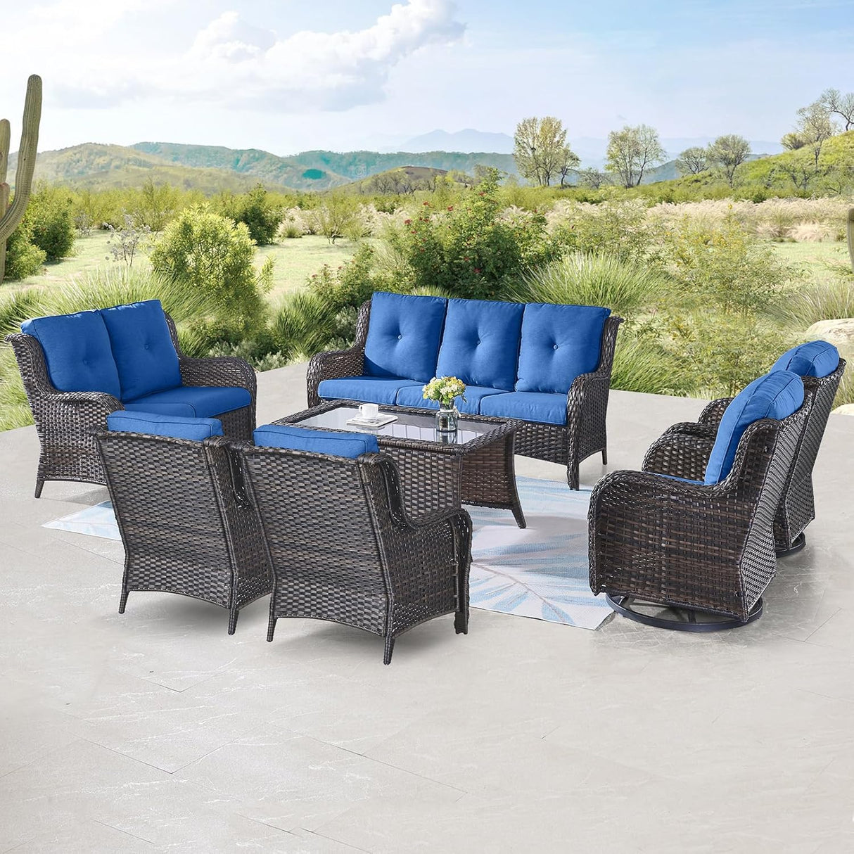 Belord Juego de muebles de mimbre para exteriores, 7 piezas de muebles de patio trasero, juegos de conversación de ratán marrón con sillas mecedoras giratorias, sofá de ratán, sillas de club y mesa auxiliar, cojín azul