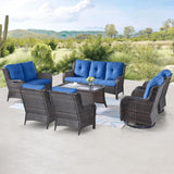 Belord Juego de muebles de mimbre para exteriores, 7 piezas de muebles de patio trasero, juegos de conversación de ratán marrón con sillas mecedoras giratorias, sofá de ratán, sillas de club y mesa auxiliar, cojín azul