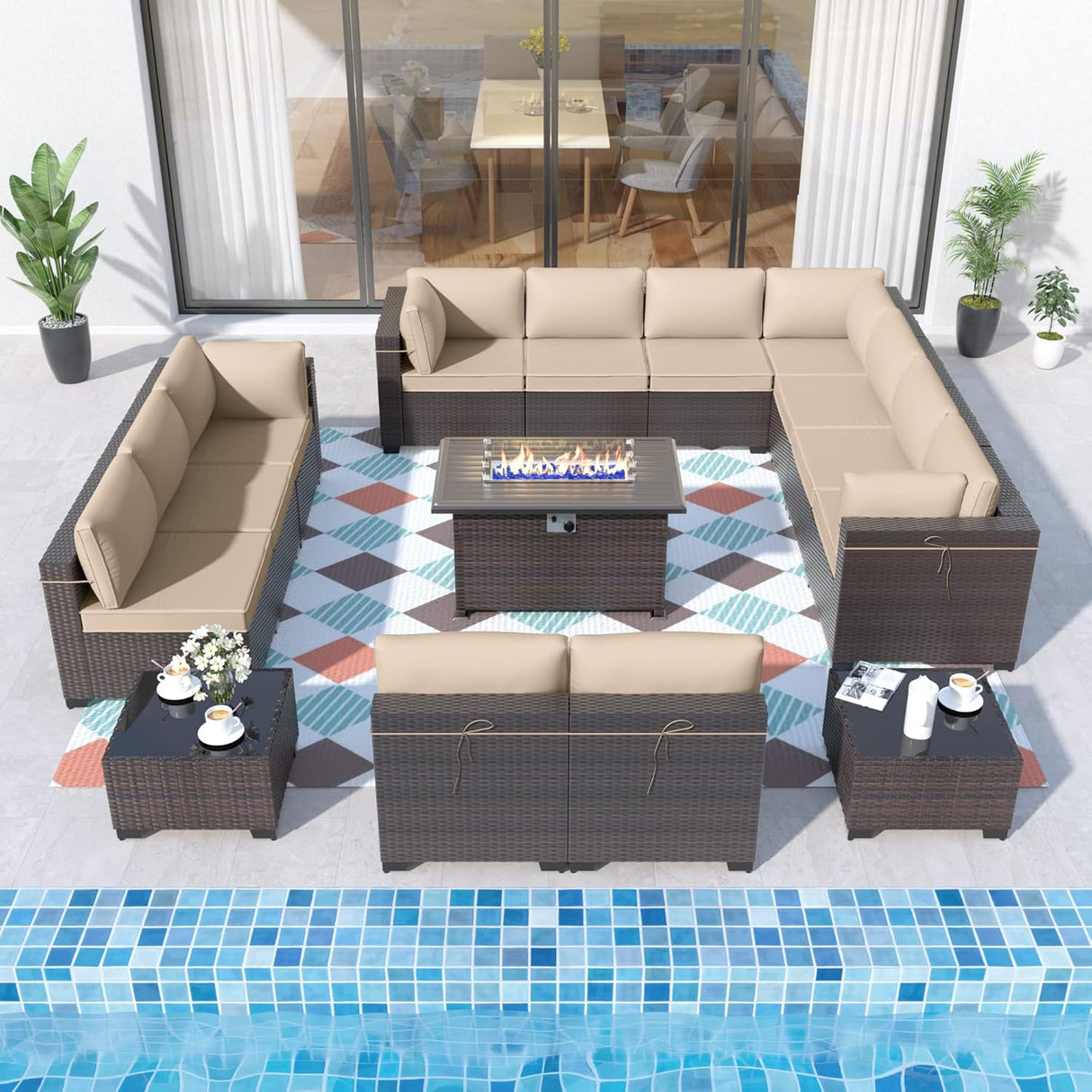 ALAULM Juego de 15 muebles de patio para exteriores con mesa para fogata de propano, sofás seccionales para exteriores, muebles de patio, fogata de gas de 43 pulgadas, juego de conversación de ratán de polietileno marrón con 12 cojines, arena