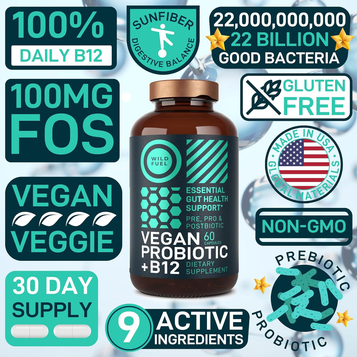 Vegan Probiotic Plus B12 - 22B CFU, Prebiotics, Digestión