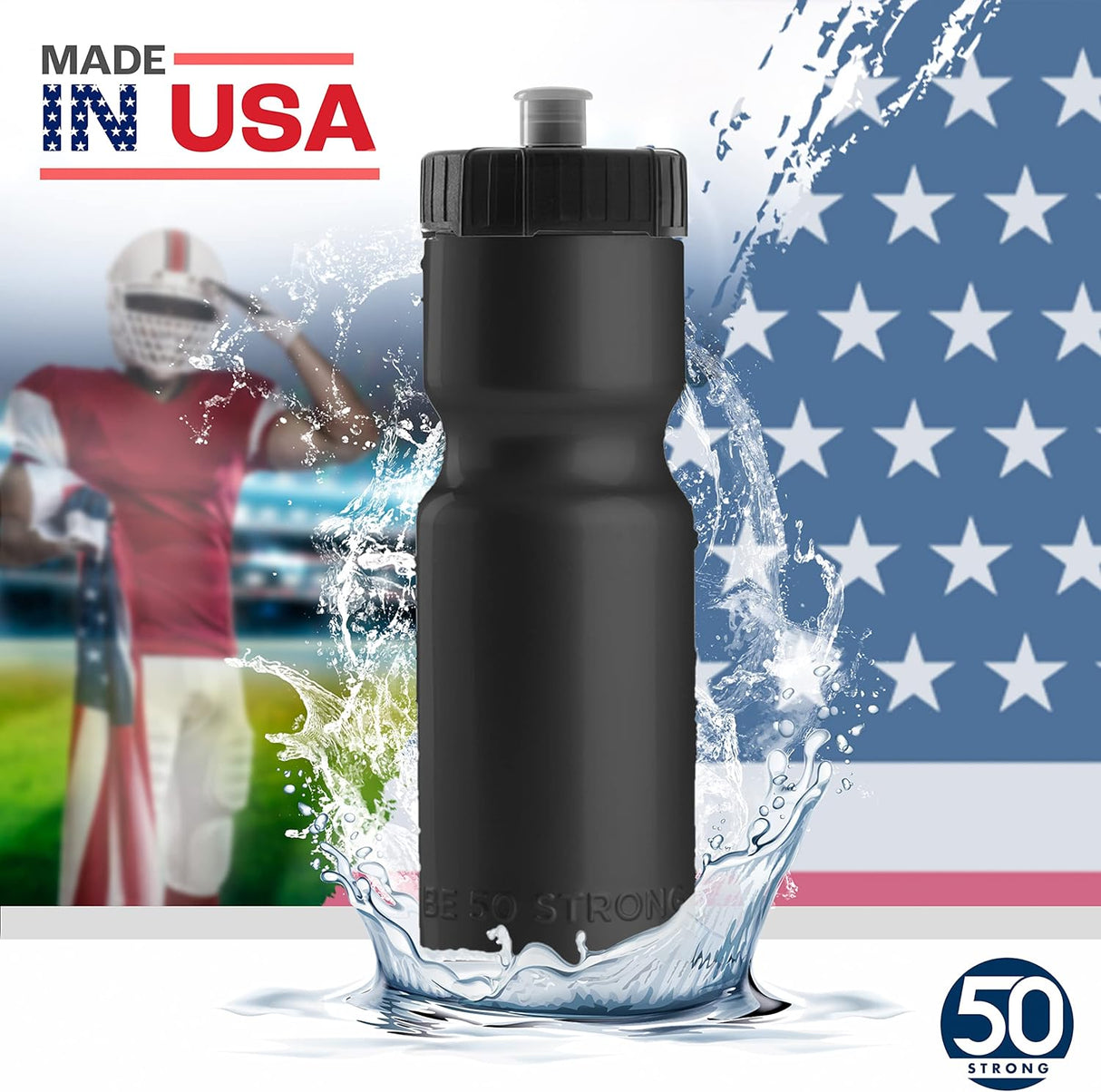 50 Strong - Paquete de 6 botellas de agua para deportes, 22 onzas Botella para bicicleta y deporte sin bisfenol A, con tapa fácil de abrir sin rosca, fabricada en Estados Unidos.