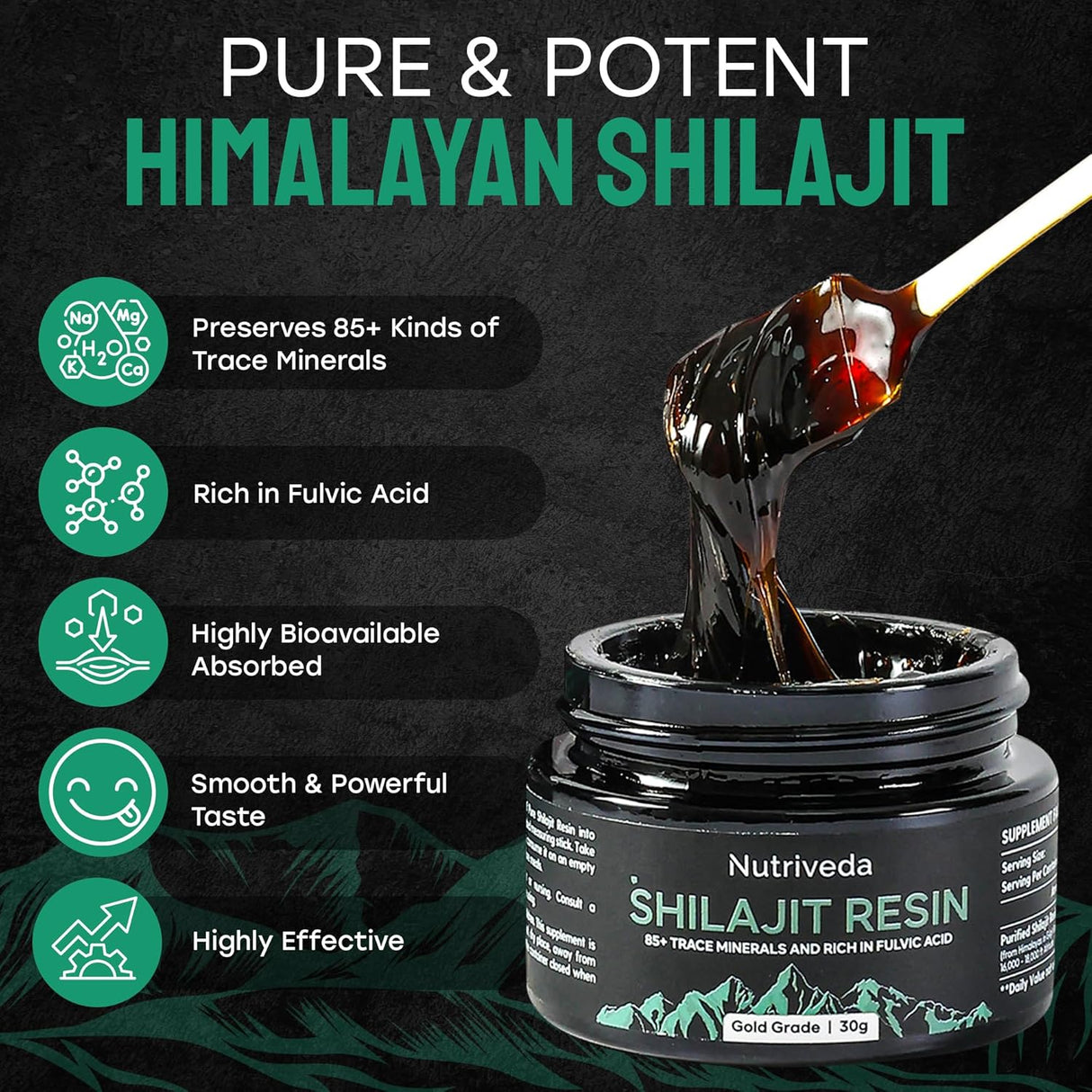 Suplemento Shilajit Resina de 600 mg  orgánico puro  1.06 oz