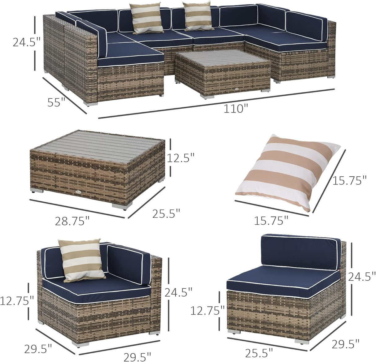 Outsunny Juego de muebles de patio de 7 piezas, juego de conversación de mimbre para exteriores, juego de sofá modular de ratán PE para todo tipo de clima, con cojines y mesa de madera sintética
