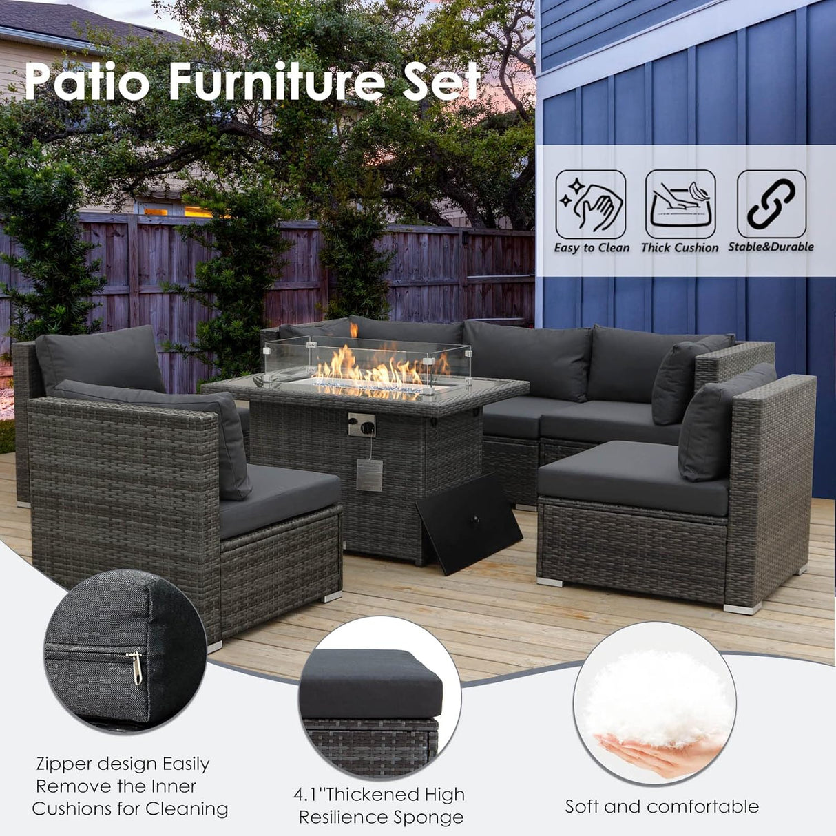 RADIATA Juego de muebles de mimbre de polietileno para patio, sofá seccional de respaldo alto, juegos de sofá de gran tamaño con mesa para fogata de propano, 55000 BTU, juegos de conversación de ratán para exteriores (7 piezas, gris oscuro)