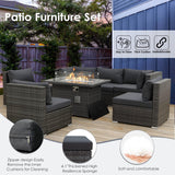 RADIATA Juego de muebles de mimbre de polietileno para patio, sofá seccional de respaldo alto, juegos de sofá de gran tamaño con mesa para fogata de propano, 55000 BTU, juegos de conversación de ratán para exteriores (7 piezas, gris oscuro)