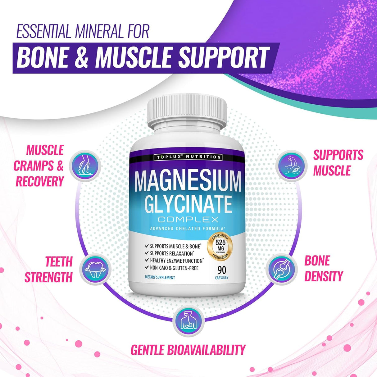 Magnesio Glicinato 525mg - Suplemento de Alta Absorción Vegan