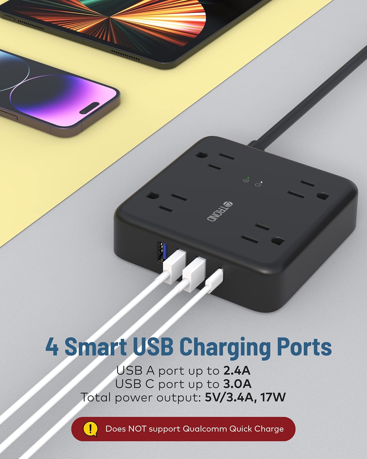TROND Regleta de alimentación USB con protector de sobretensiones