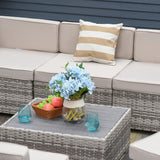 Outsunny Juego de muebles de patio de 7 piezas, juego de conversación de mimbre para exteriores, juego de sofá modular de ratán PE para todo tipo de clima, con cojines y mesa de madera sintética templada, almohadas a rayas, beige