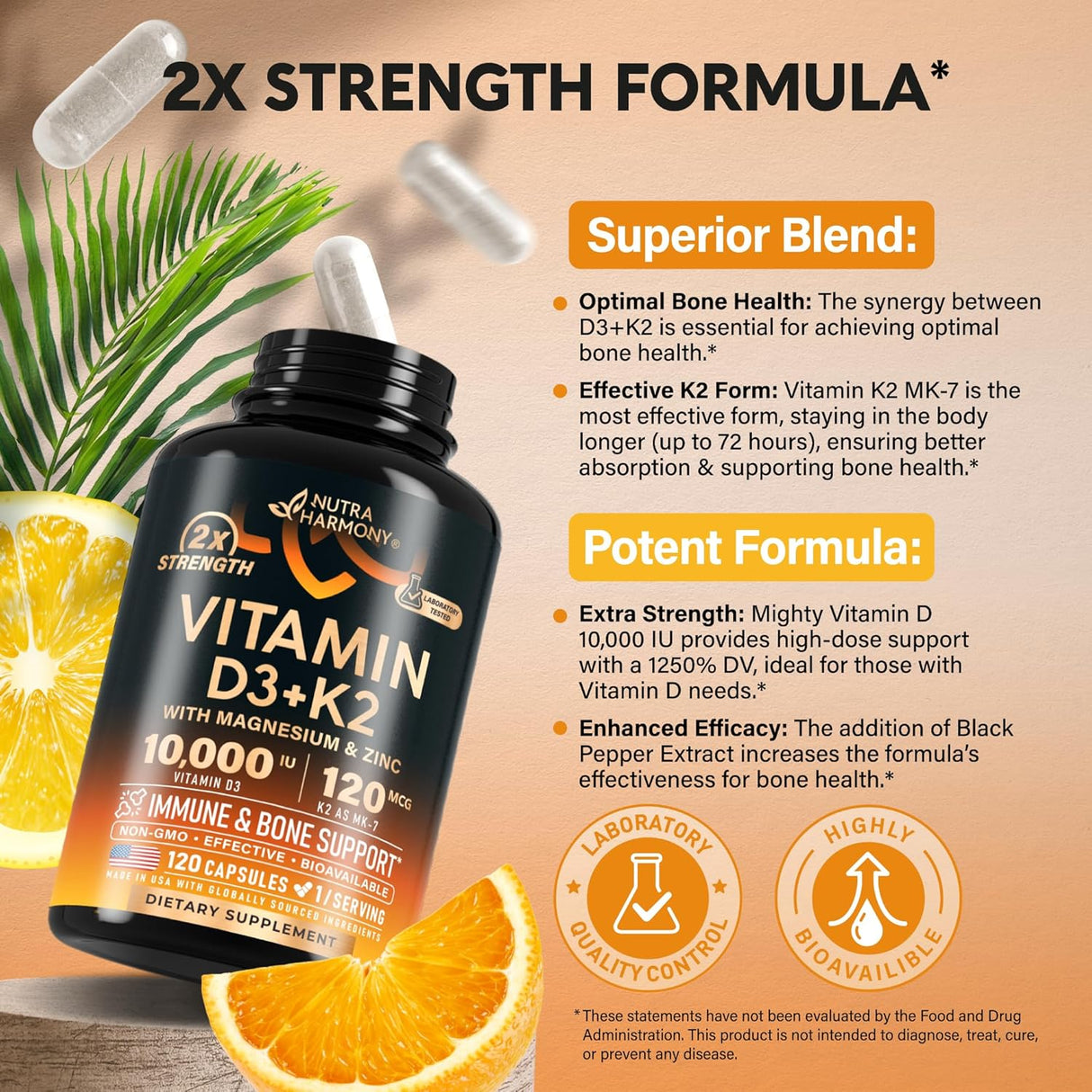 Vitamina D3 K2 120 cápsulas, soporte inmuno, huesos, USA