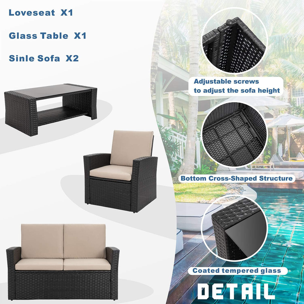 Shintenchi Juego de muebles de patio al aire libre de 4 piezas, sofá seccional de ratán de mimbre con mesa de centro de cristal | Negro