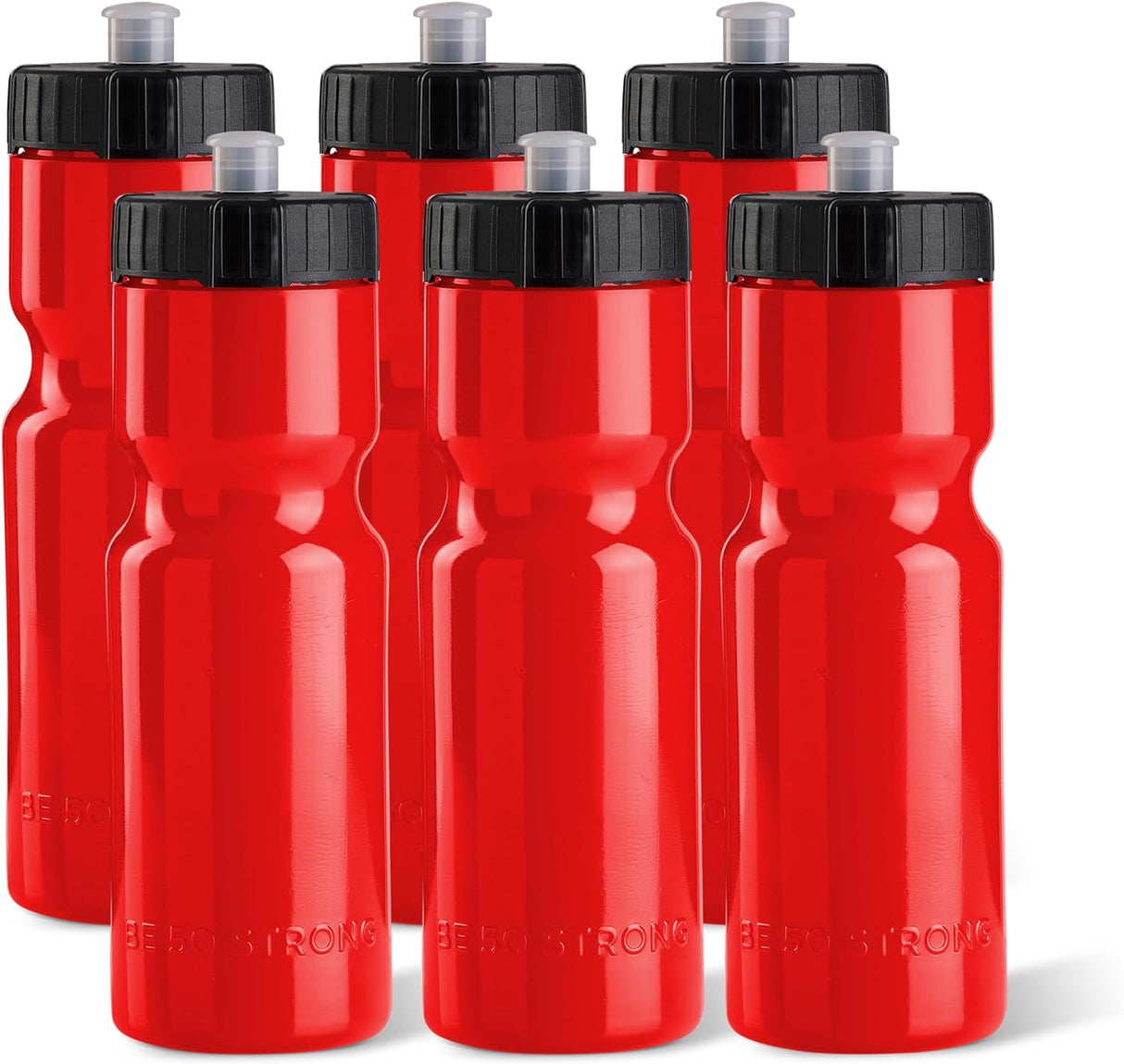 50 Strong - Paquete de 6 botellas de agua para deportes, 22 onzas Botella para bicicleta y deporte sin bisfenol A, con tapa fácil de abrir sin rosca, fabricada en Estados Unidos.
