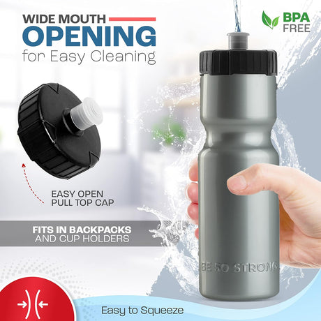50 Strong - Paquete de 6 botellas de agua para deportes, 22 onzas Botella para bicicleta y deporte sin bisfenol A, con tapa fácil de abrir sin rosca, fabricada en Estados Unidos.