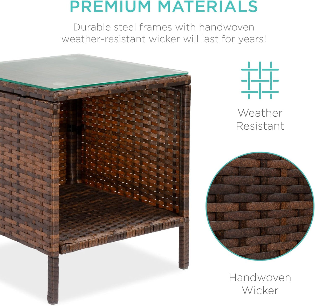 Best Choice Products Juego de 3 piezas de mimbre para exteriores, muebles de patio que ahorran espacio para patio, jardín con 2 sillas, 2 cojines, mesa de almacenamiento lateral, color marrón/azul marino