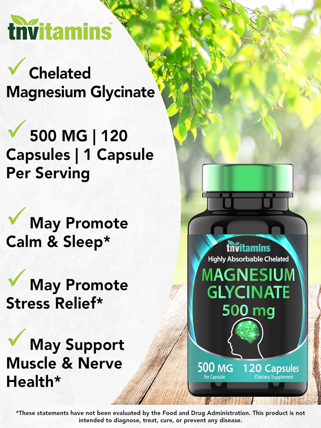 Magnesio Glicinato 500mg, 120 cápsulas, para dormir y nervios