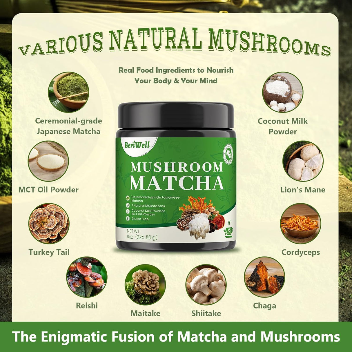 Polvo de Matcha con Hongos Superfood, 8 Oz, Sabor Delicioso