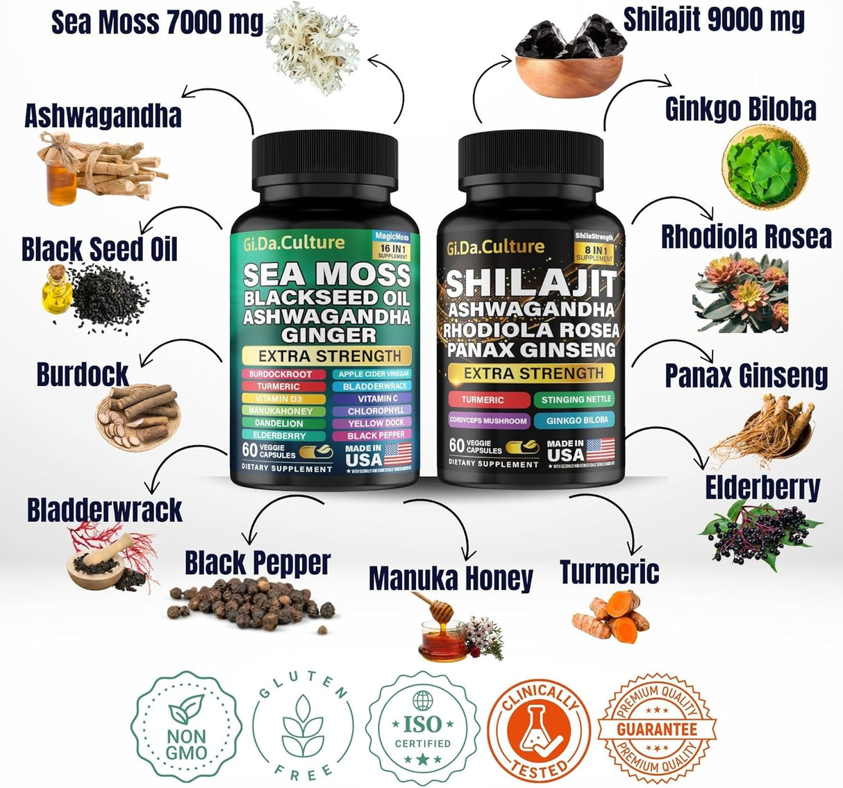 GiDa Cultura Shilajit y Sea Moss Combo - 120 cápsulas