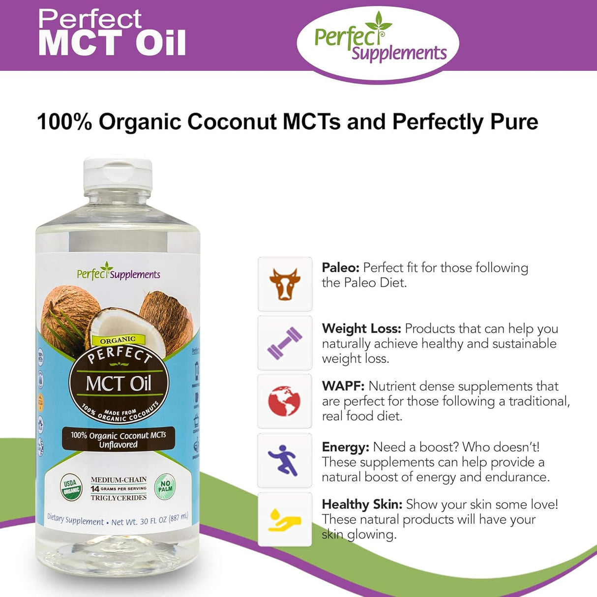 Suplemento MCT 100% aceite de coco orgánico sin OGM  30 oz