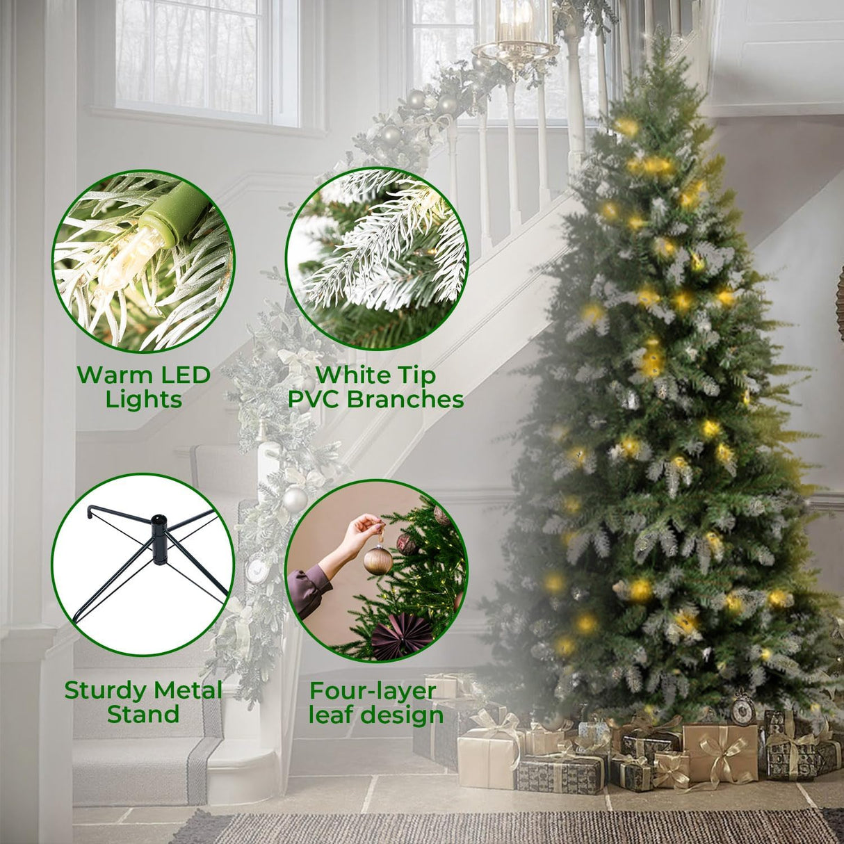 Árbol de Navidad Artificial 7.5ft con Luces y Punta Nevada