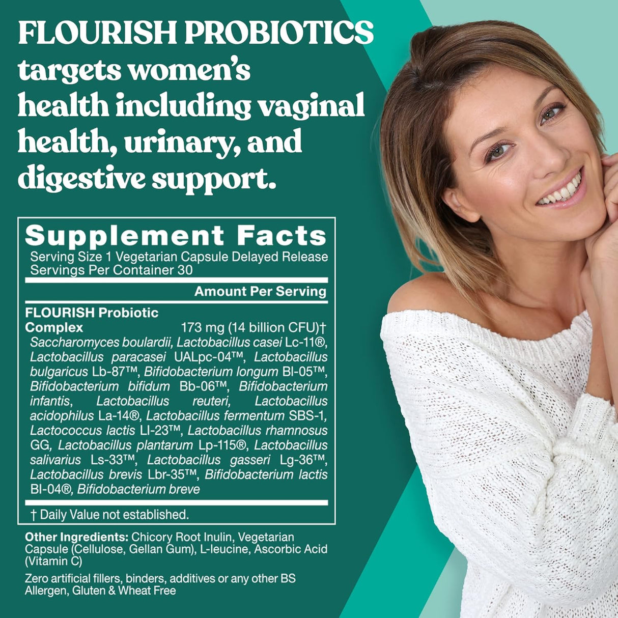 Flourish Probióticos + Prebióticos para Mujeres – 30 cápsulas