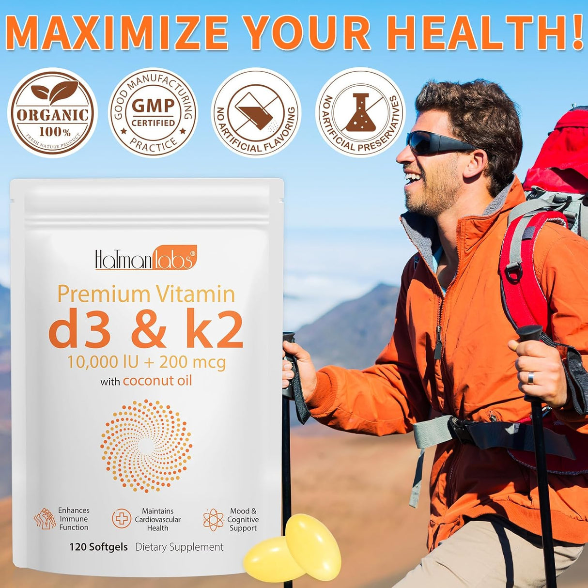 Suplemento de Vitamina D3 K2, 10000 IU, Salud Ósea y Inmunidad