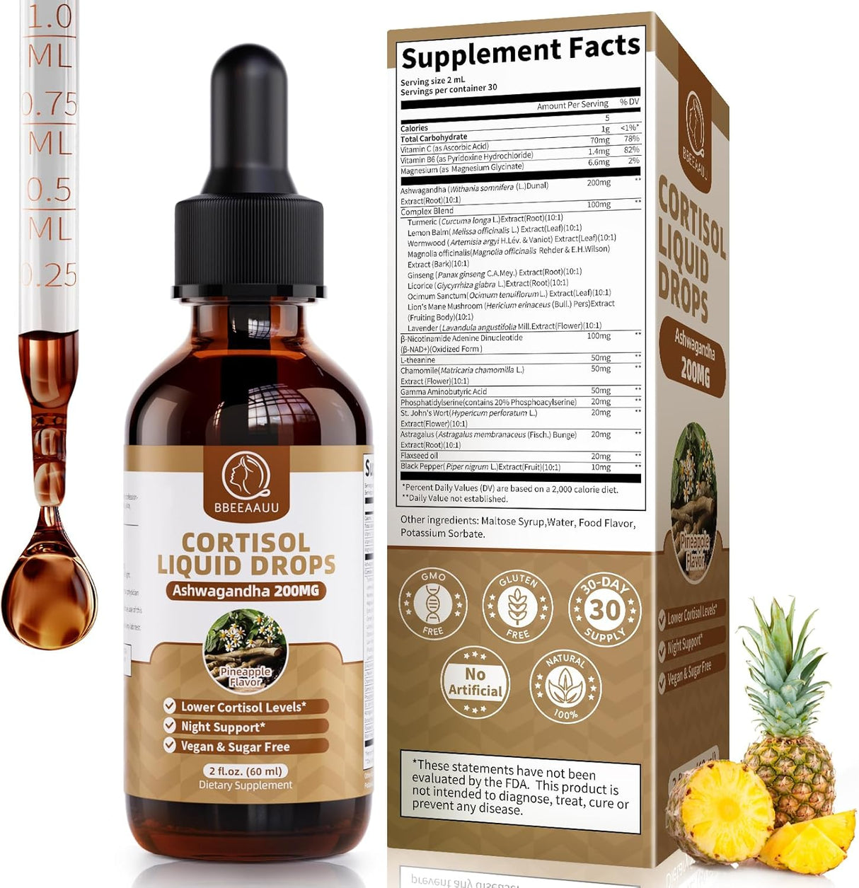 Cortisol Supplements, 21 en 1, Ashwagandha, L-Theanine, 60ml