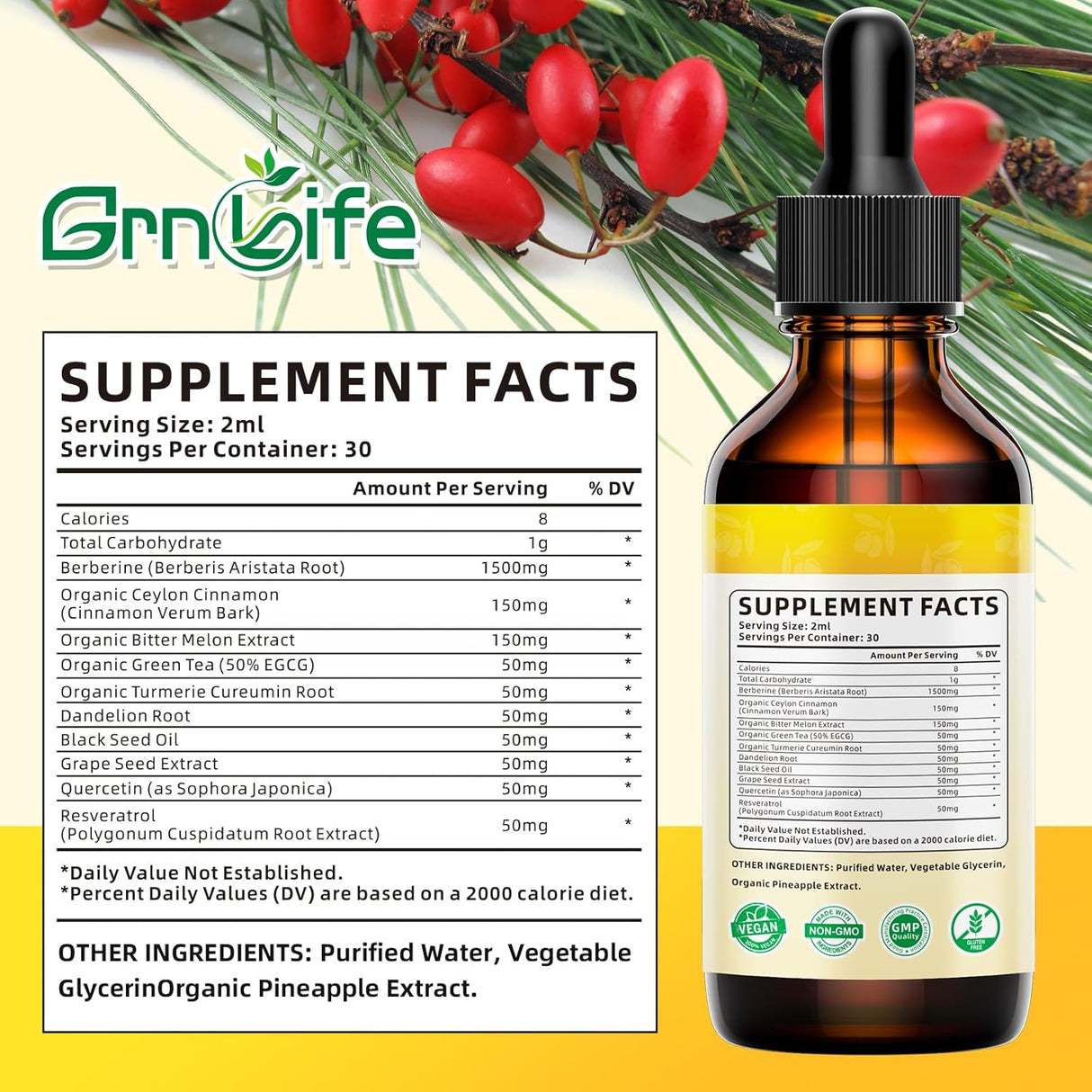 Suplemento de Berberina Orgánica 1500mg con Canela, Melón, 2oz