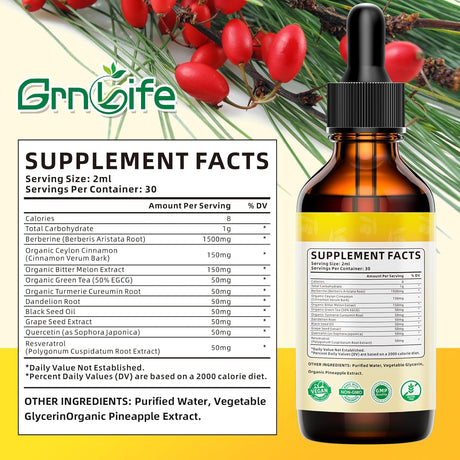 Suplemento de Berberina Orgánica 1500mg con Canela, Melón, 2oz