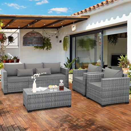 Lviden Juego de muebles de mimbre para patio de 4 piezas, juego de conversación al aire libre, sofá seccional de ratán PE con mesa de almacenamiento y cojines grises
