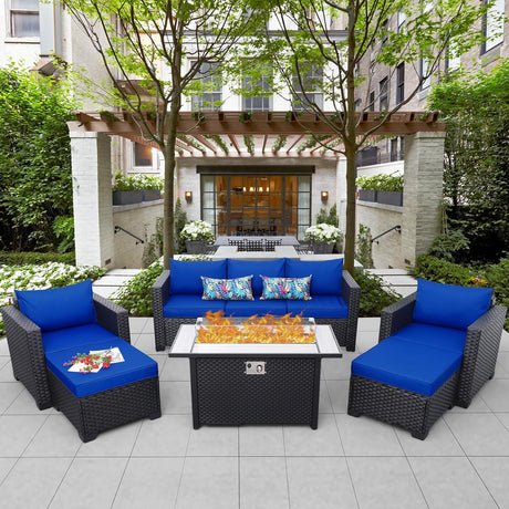 Muebles de patio para exteriores, 60000 BTU, juego de mesa para fogata de propano para exteriores, juego de muebles de patio de 45 pulgadas, 6 piezas, sofá de patio, sillas de exterior, cojines antideslizantes, fundas impermeables, color azul rey