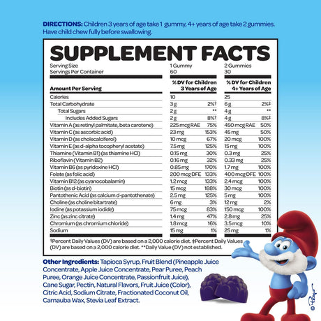Gominolas Multivitamínicas Smurfs, 15 Vitaminas, 60 Gummies
