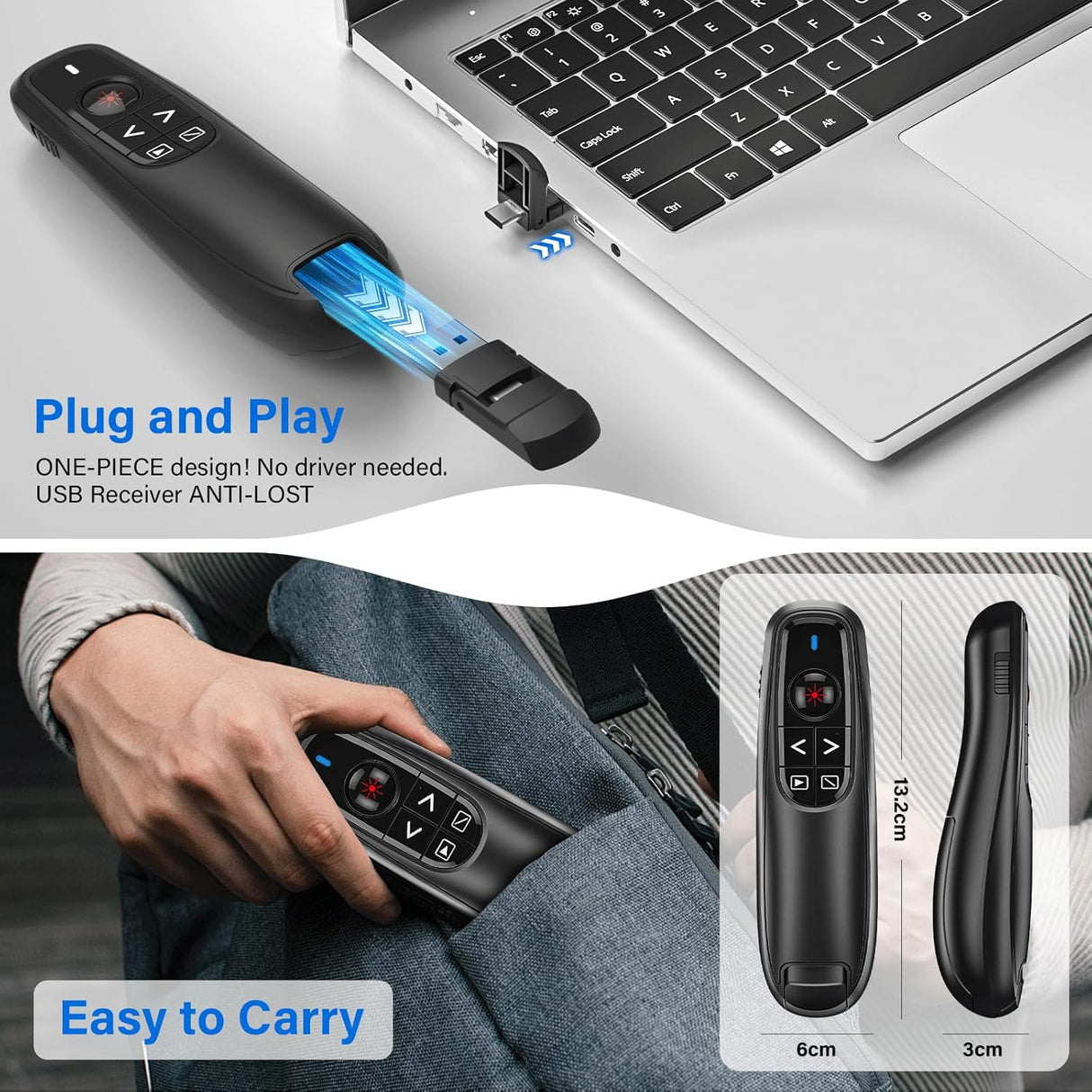 Presentador Inalámbrico USB Tipo C, Control de Volumen, 2 en 1