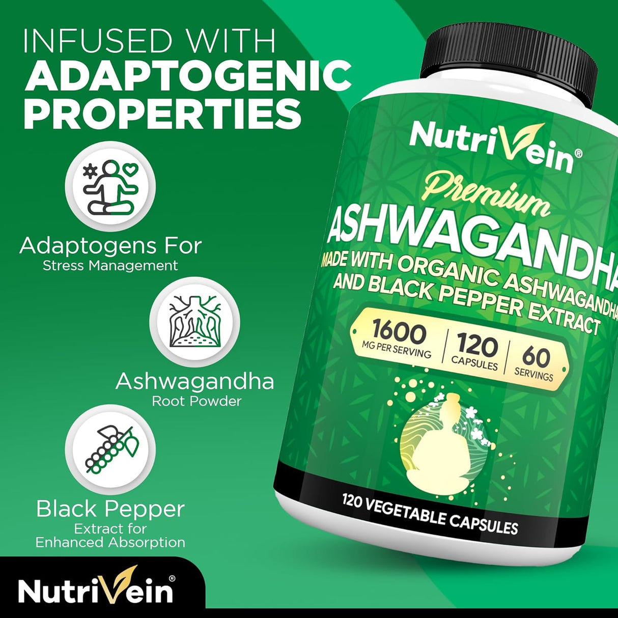 Nutrivein Cápsulas de Ashwagandha 1600mg con Pimienta Negra