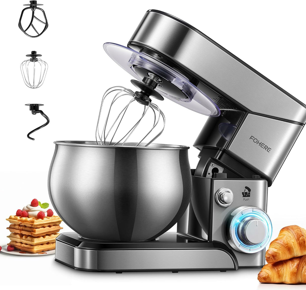 Batidora de Pie FOHERE 5.8QT, Acero Inoxidable, 6 Velocidades